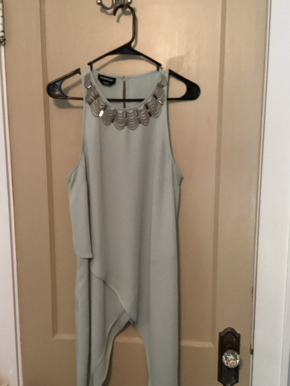 Bebe Embellished Neck Asymmetrical Sleeveless Top- Light Sage